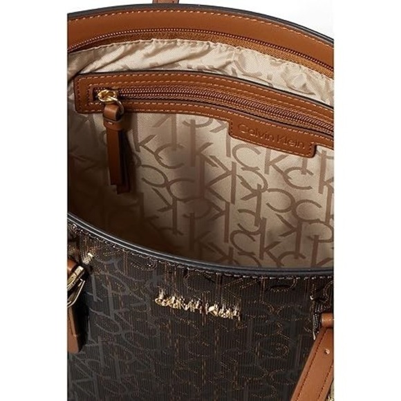 Calvin Klein Signature Tote Bag Serafina Brown Logo 15.5x10.5x5in Handbag - Picture 9 of 10